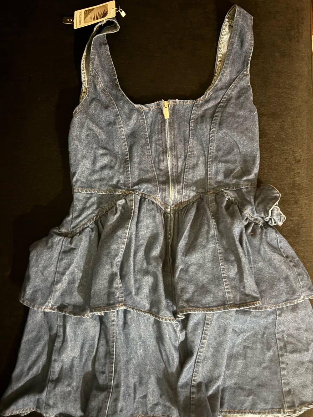 Women's Denim Mini Dress, Sleeveless Flared Sundress Floral Peplum Detail - Picture 3 of 6